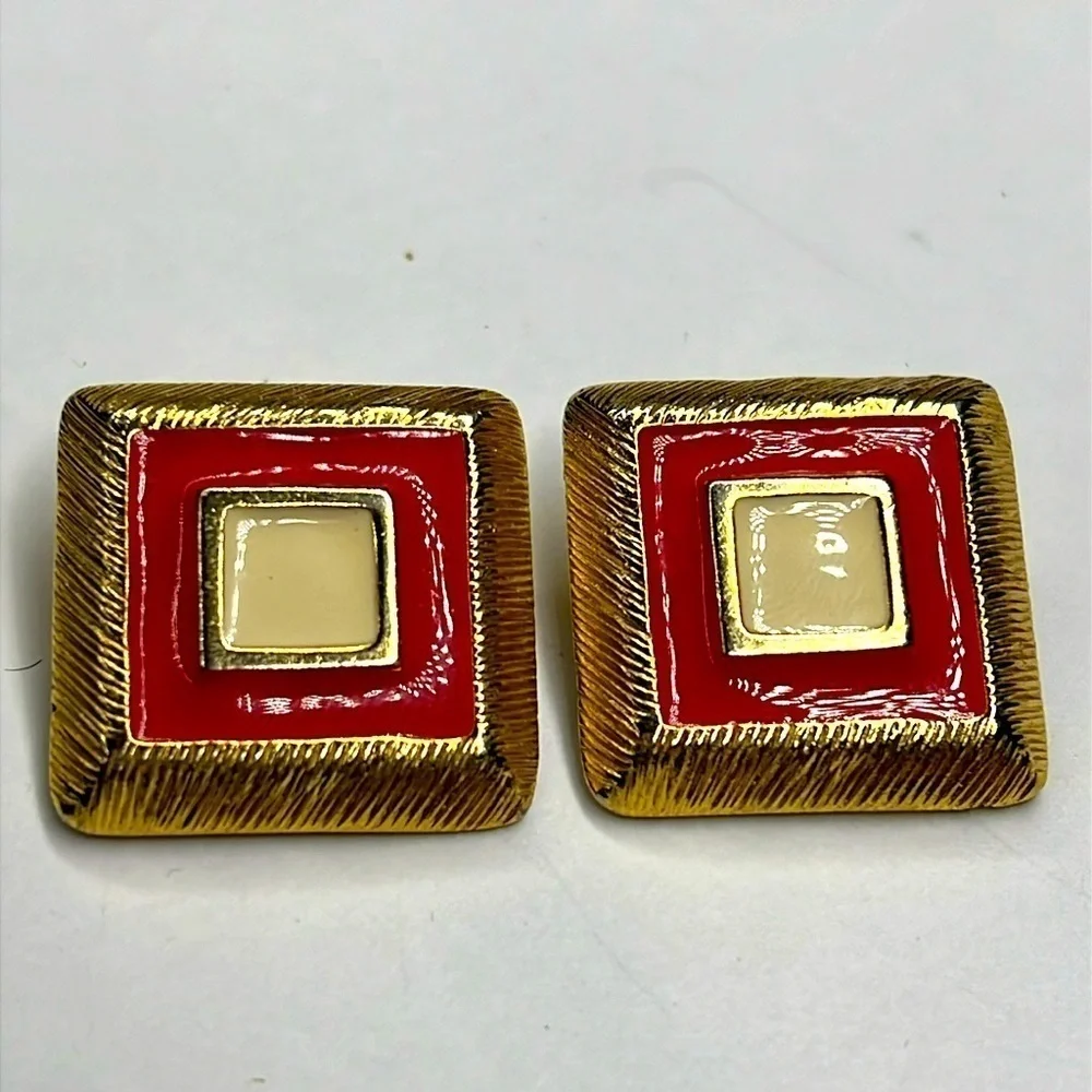 1” Square Goldtone Red Cream Enamel Clip Earrings